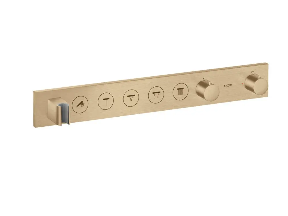 Thermostatmodul von AXOR mit Steuerung für mehrere Verbraucher in gebürstetem Bronze-Finish. Enthält Bedienknöpfe und Symbole zur Einstellung.
